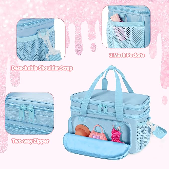 Carrying Case Compatible with Barbie Doll Clothes, Doll Accessories Storage Organizer, Double Layer Design, with Handle and Detachable Shoulder Strap, Case only (Blue)