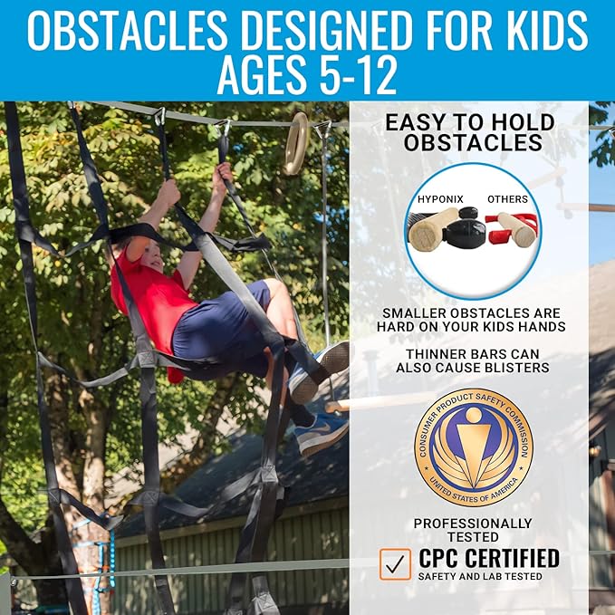 Hyponix Ninja Warrior Obstacle Course for Kids – 2 x 60 ft Slackline with 13 Outdoor Ninja Obstacles, Supports 880lbs – Monkey Net, Ratchet-Tight Tech, Climbing, Swinging & Balance Training, Ages 3+