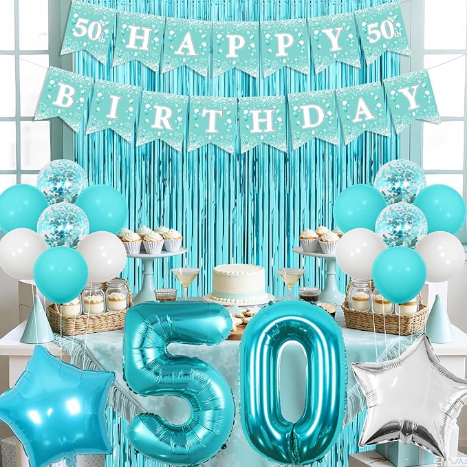 Funmemoir Teal 50th Birthday Decorations for Women - Happy 50th Birthday Banner Sash Tiara Foil Balloons Foil Fringe Backdrop and Cake Topper, Teal Blue 50 Years Old Party Supplies