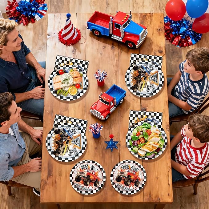 200Pcs Truck Party Decorations Red Blue Yellow Truck Theme Plates and Napkins Car Racing Theme Tableware Set for Boys Kids Birthday Baby Shower Racing Car Party Supplies Serves 50