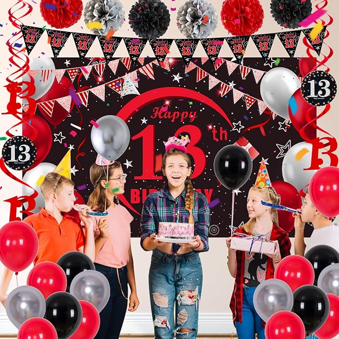 13th Birthday Decorations for Boys Girls Red and Black, Happy 13th Birthday Backdrop Banner, 13th Teenager Birthday Balloons Triangle Flag Tablecloth, 13 Year Old Boy Girl Bday Party Supplies