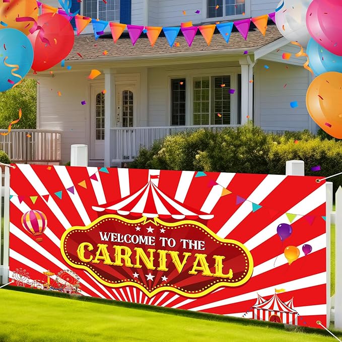 Welcome to the Carnival Banner Carnival Decorations Circus Party Supplies Background for Circus Theme Party Decorations Birthday, 71 x 35 Inch (Tent Striped)