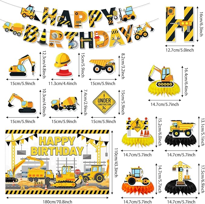 Construction Birthday Party Supplies & Decorations Kit with Excavator Banner, Backdrop, Hanging Swirls, Honeycomb Centerpieces for Kids Boys