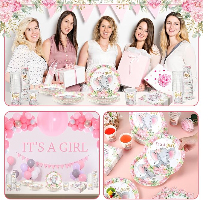 Hushee 200 Pcs Pink Elephant Baby Shower Paper Plates Napkins Cups It's A Girl Baby Shower Party Supplies Tableware Set Pink Disposable Cup Napkin for 50 Guest Spring Party Decoration