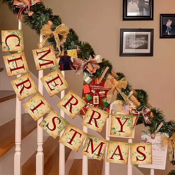 Merry Christmas Banner Vintage Christmas Garlands Decorations for Indoor Home Office Wall Window Door Fireplace Mantle Xmas Tree Decorations