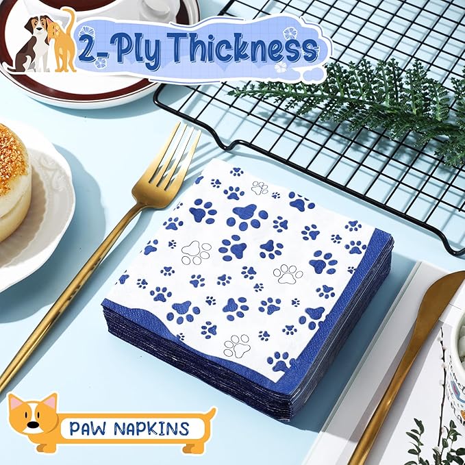 CHENGU 100 Pieces Paw Print Napkins 2 Layers Paw Print Party Supplies Farm Animal Party Napkins for Animal Themed Birthday Western Part, 5 x 5 Inch(Blue)