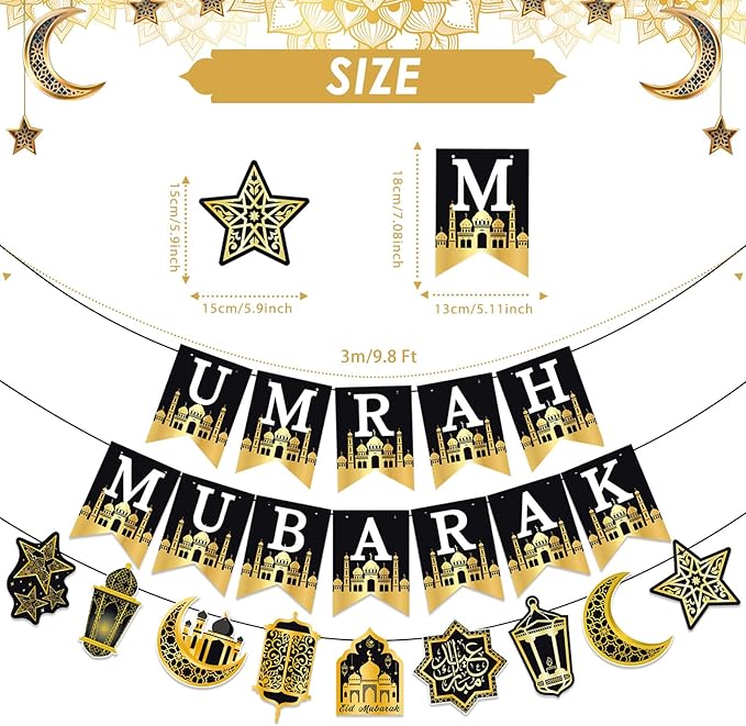 AhfuLife Umrah Mubarak Banner Set, 3 Pcs Pre-Tied EID Decor with Moon Star Garland, Pre Assembly Islamic Party Supplies for Home Outdoor Umrah Mubarak Ramadan Party Decor