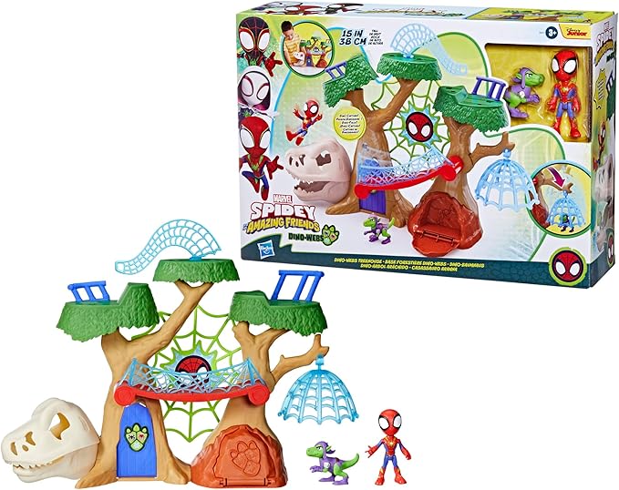 Marvel Spidey and His Amazing Friends Dino-Webs Treehouse Playset, Spider-Man & Goblin Raptor 4-Inch-Scale Action Figure Set, Ages 3 & Up