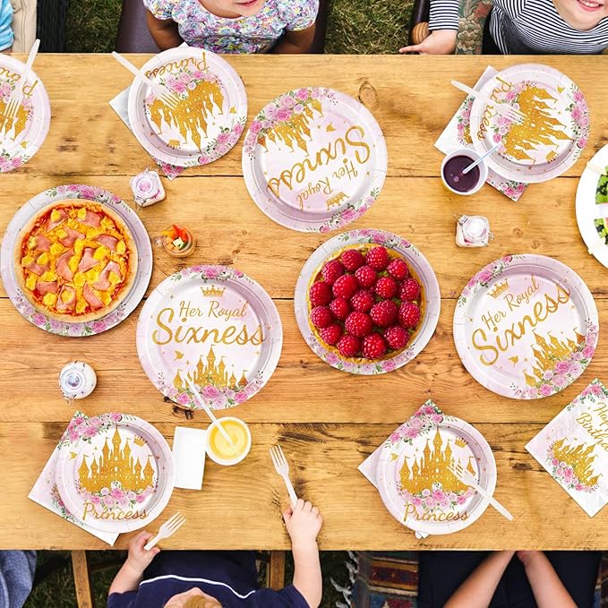 96Pcs Princess Birthday Party Supplies Princess 6th Birthday Party Plates and Napkins Disposable Pink Gold Pastel Castle Tableware Set for Girl Six Years Old Fairytale Decorations Serves 24