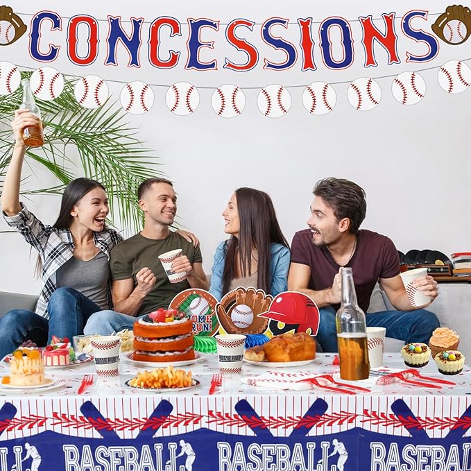 Meanplan Baseball Party Supplies Kit 167 Pcs Baseball Party Decorations Includes Paper Plates, Napkins, Cups, Concessions Banner, Tablecloth and Honeycomb for Sports Theme Birthday Decor, Serve 24