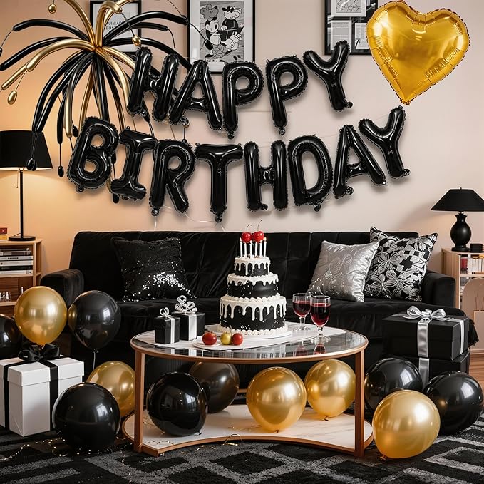 Black Happy Birthday Banner Balloon Aluminum Foil 16in Letter, 12in Latex Balloons, 11.8in Long Balloons, 16in Love Heart Aluminum Foil Balloon, Men, Women, Party Decoration Supplies (Black)