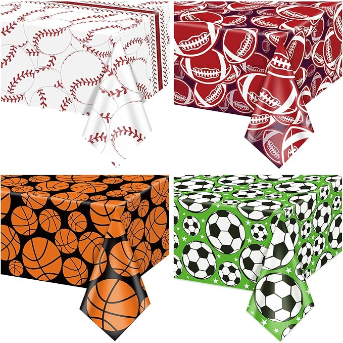 Sports Table Cloth - 4 Sports Plastic Tablecloths for Baseball Football Soccer Basketball Theme Supplies, 51 x 86 inch