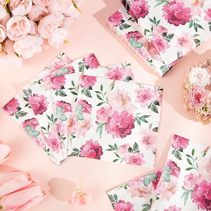 100 Pcs Pink Floral Napkins, Disposable Watercolor Flower Napkin Spring Cocktail Napkins Decorative Blossom Dinner Napkin for Tea Party, Garden Party,Baby Shower,Bridal Shower