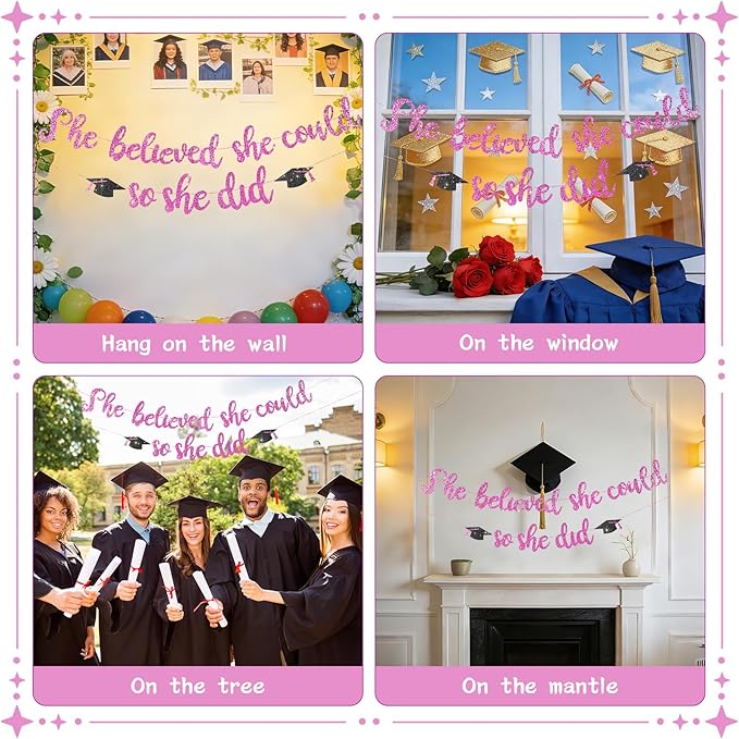 She Believed She Could So She Did Banner - Pre-Strung Glitter Graduation Decorations 2026 for Women Girls, Inspirational Grad Party Supplies, Class of 2026 College High School Masters PhD Decor (Pink )