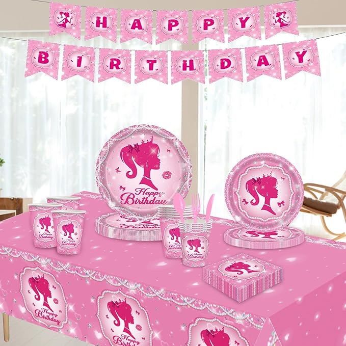 170 Pcs Girl Party Plates for Princess Pink Party Decoration, Serves 24 Guests Plates and Napkins Cup Tablecloth Dinnerware for Princess Doll Theme Girl Birthday Party Tableware (24 Guests)