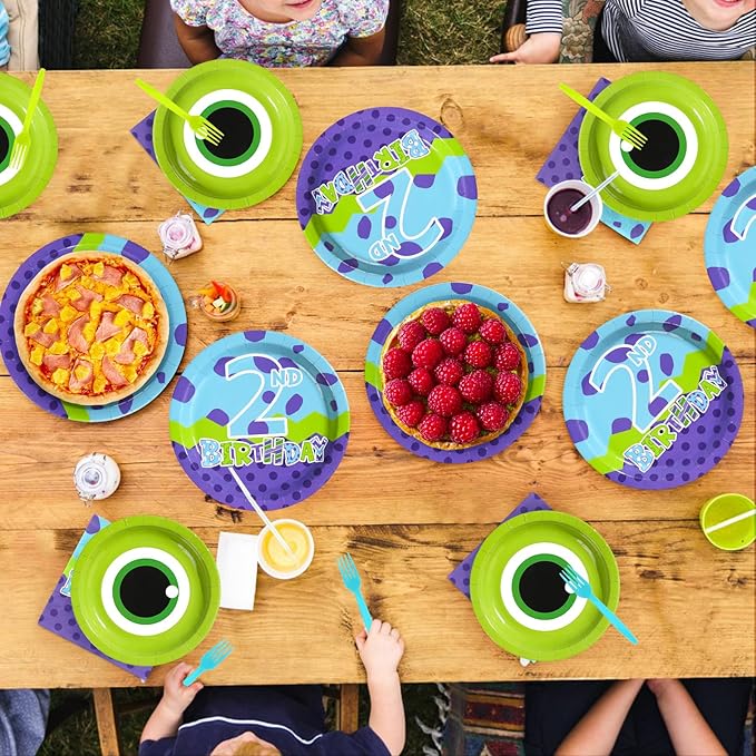96Pcs Monster Birthday Party Supplies 2nd Monster Theme Party Plates and Napkins Disposable Green and Purple Cartoon Tableware Set for Kids 2nd Birthday Baby Shower Decorations Serves 24