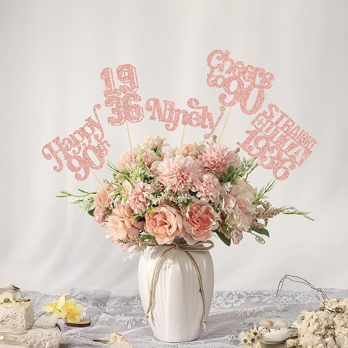 Gyufise 15Pcs Happy 90th Birthday Centerpiece Sticks Ninety Straight Outta 1936 Table Flower Centerpieces Sticks Cheers to 90 Decorations for 90th Birthday Party Supplies Rose Gold