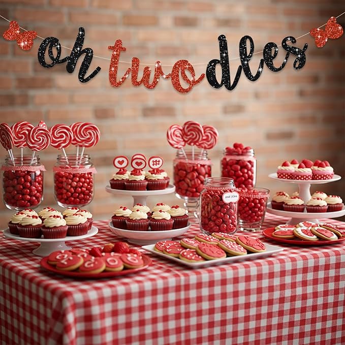Glitter Black Red Oh Twodles Banner Pre-Strung Mouse Themed Cartoon Party Sign Garland 2nd Baby Birthday Decorations Birthday Party Supplies for Boys Girls,NO DIY