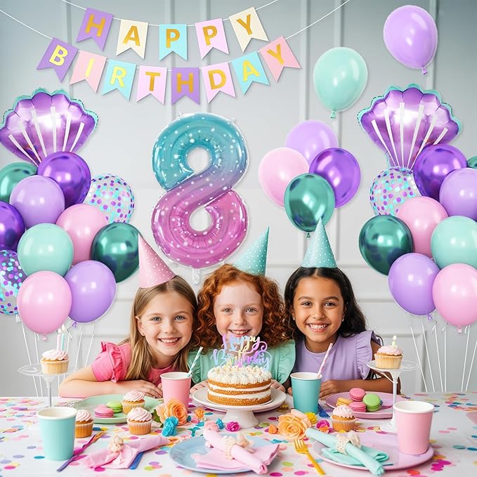 8th Mermaid Birthday Decoration,Metallic Purple Pink Green Blue Latex Balloons for Girls Party Decoration Number 8 Seashell Foil Balloons Banner Cake Topper Sea Decoration