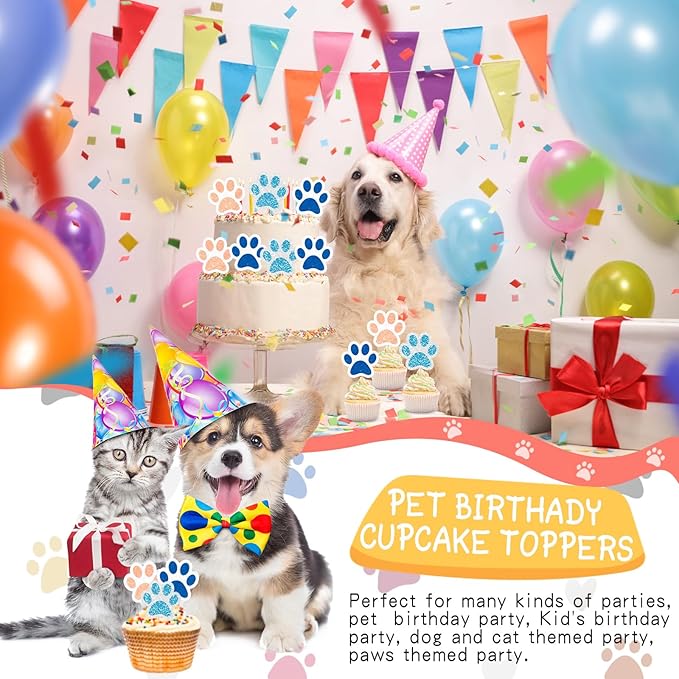 36 Pcs Paw Cupcake Toppers Glitter Dog Paw Cake Decorations 3 Colors Glitter Puppy Cupcake Toppers for Baby Shower Boys Girls Birthday Party Cake Supplies (Light Blue Blue and Orange)