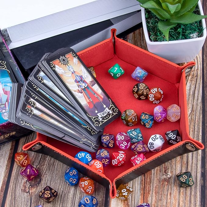 SIQUK 2-Piece Dice Tray - PU Leather Folding Hexagon Dice Holder for RPG, DND & Other Table Games (Royal Blue, Orange)