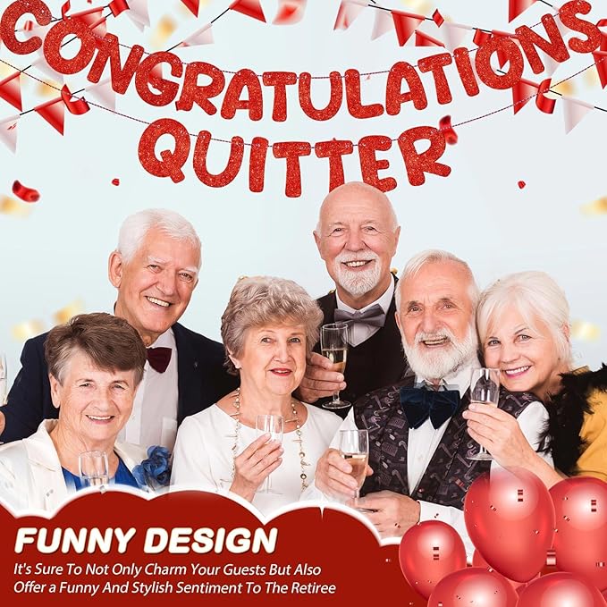 Fulmoon Pre Strung Congratulations Quitter Glitter Banner Funny Retirement Banner Graduation Party Decorations Going Away Supplies Garland for Men Women Gifts, No DIY(Red)
