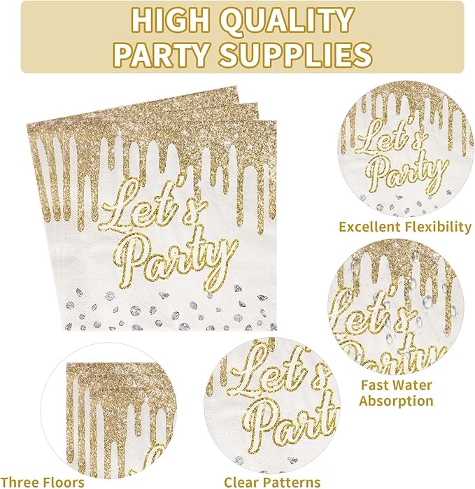 96Pcs Happy Golden Birthday Party Supplies 350GSM Gold Silver Diamond Paper Plates and Napkins Tableware Sets Golden Birthday Party Decorations for Women Men Anniversary Wedding Party Favors Serve 24