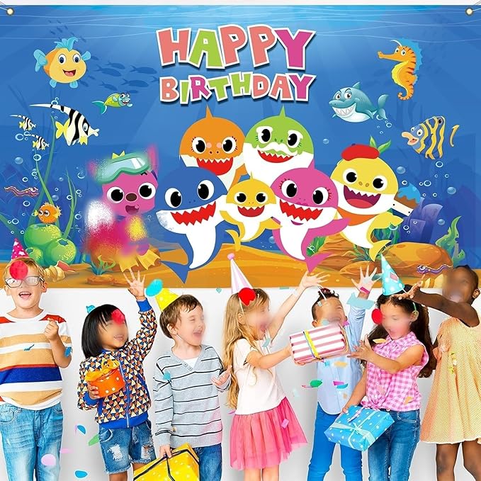 Baby Birthday Party Shark Background (71 inches * 47 inches), Blue Cartoon Ocean Photo Background for Baby Gifting Party Decoration, Shark Decorations and Party Supplies (Pink) (Pink)