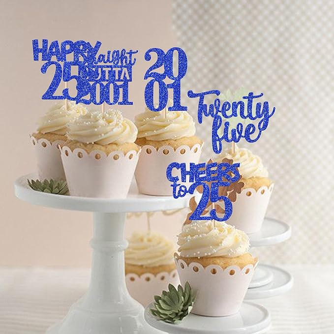 30 PCS 25th Birthday Cupcake Toppers Glitter Twenty Five Happy 25 Straight Outta 2001 Cupcake Picks for Cheers to 25 Fabulous 25th Birthday Anniversary Party Cake Decorations Supplier Blue