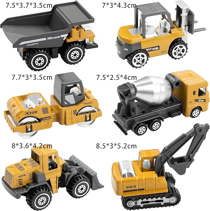 BenRich 6Pcs Mini Die Cast 1/64 Scale Alloy Construction Vehicle Set - Dump Truck, Bulldozer, Forklift, Mixer Truck, Road Roller & Excavator Toys Car for Kids Boys Girls Birthday Gift (Yellow)