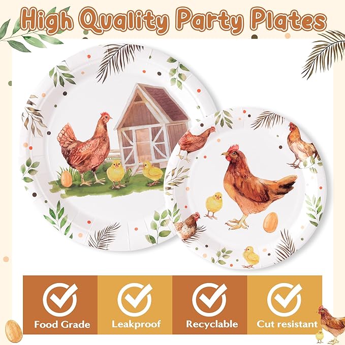 96Pcs Chicken Barnyard Farm Animal Watercolor Hen Chick Party Plates Supplies Tableware Decoration Disposable Paper Plate Napkin Fork for Kids Birthday Baby Shower, Serves 24