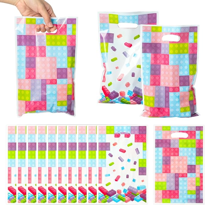 3sscha 50Pcs Pink Block Party Favor Bag Building Block Plastic Waterproof Goodie Bag with Die Cut Handles Rectangular Candy Gift Bags for Kids Birthday Baby Shower Decoration Party Favor Supplies