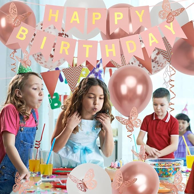 Rose Gold Birthday Decoration, 18 pcs 12 inch Happy Birthday Banner with Butterfly Stickers and Balloons for Girl and Women Happy Birthday Decorations