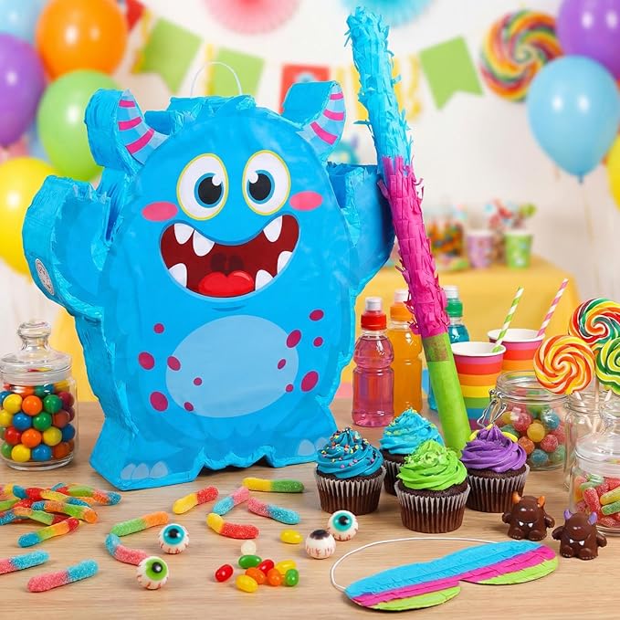 Little Monster Themed Piñata Birthday Party Decorations Cartoon Piñata with Stick Blindfold for Valentine Day Wedding Baby Shower Anniversary Party Decorations Centerpiece Photo Prop