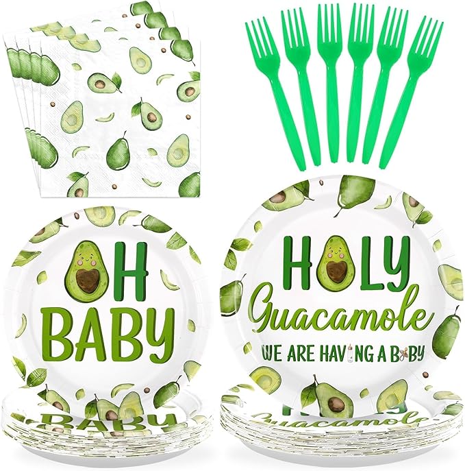 96Pcs Avocado Baby Shower Decorations Baby On The Way Plates and Napkins Disposable Green Holy Guacamole Themed Tableware for Baby Avocado Baby Shower Gender Reveal Party Supplies Serves 24