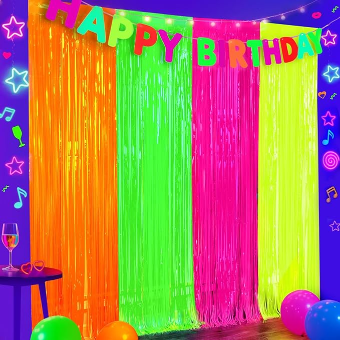 ADLKGG Glow in The Dark Party Supplies, 4Pcs 3.3x6.6 Feet Neon Party Decorations, Fluorescent Green Orange Yellow Fuchsia Foil Fringe Curtains Backdrop for Birthday Halloween Pool Photo Booth Prop