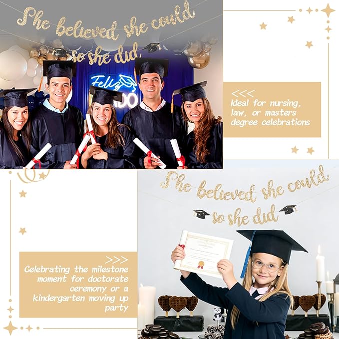 She Believed She Could So She Did Banner - Pre-Strung Glitter Graduation Decorations 2026 for Women Girls, Inspirational Grad Party Supplies, Class of 2026 College High School Masters PhD Decor (Champagne Gold)