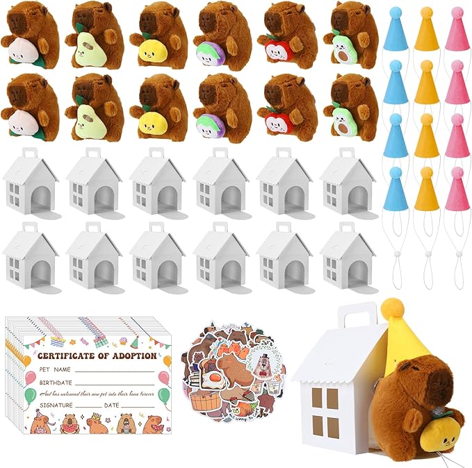103 Pcs Adopt a Capybara Party Favors Capybara Themed Favors Boxes Include 12 Mini Plush Dolls 12 Boxes 12 Birthday Hats 12 Cards and 55 Stickers for Birthday Party Gifts Decoration