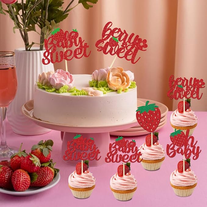 Strawberry Oh Baby Cupcake Toppers - 36PCS Glitter Baby Sweet Cupcake Decor, Strawberry Baby Shower Party Supplies