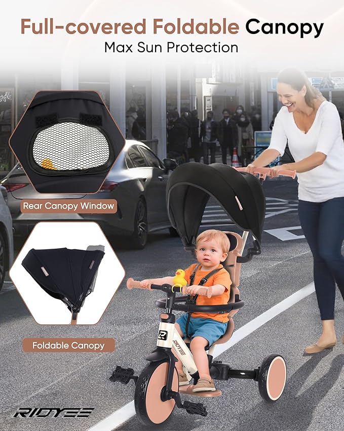 8-in-1 Tricycle for 1.5-5 Years, Tool-Free Switch, Toddler Tricycle with Parent Steering Control Handle for 1.5 to 5 Yrs, Toddler Trike 1.5-3 Years with 5-Point Harness and Large Canopy, White