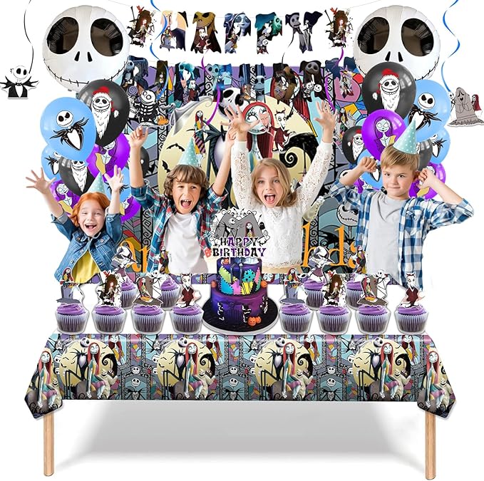 Birthday Decorations, Nightmare Christmas Party Supplies Halloween Birthday Party Decorations Set Includes Banner Balloons Tablecloth Backdrop Hanging Swirls Cake Toppers