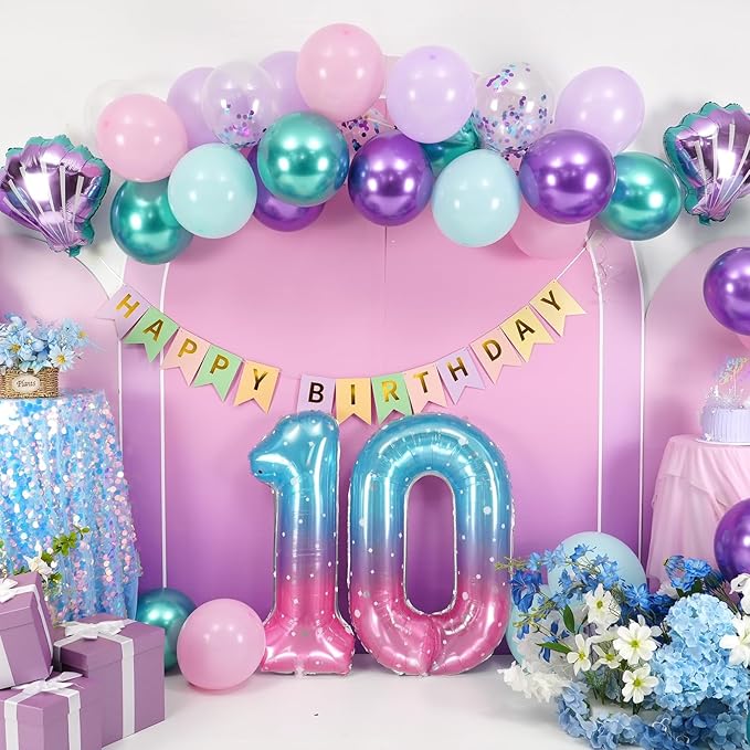 10th Mermaid Birthday Decoration,Metallic Purple Pink Green Blue Latex Balloons for Girls Party Decoration Number 10 Seashell Foil Balloons Banner Cake Topper Sea Decorations for 10 Year Old