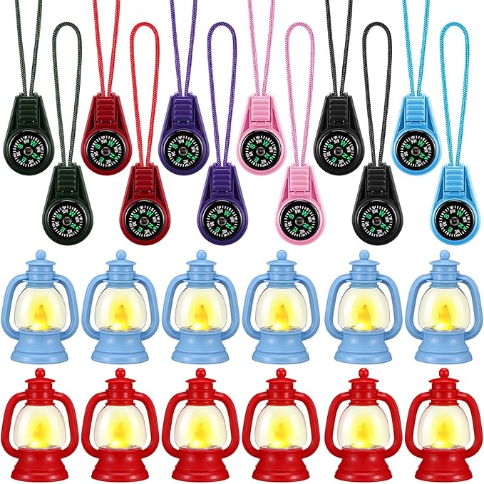 VIHOSE 24 Pcs Camping Party Favors Set Happy Camper Party Gifts with Mini Camp Compasses and Mini Camp Lamps for Camping Adventure Outdoor Hiking Supplies