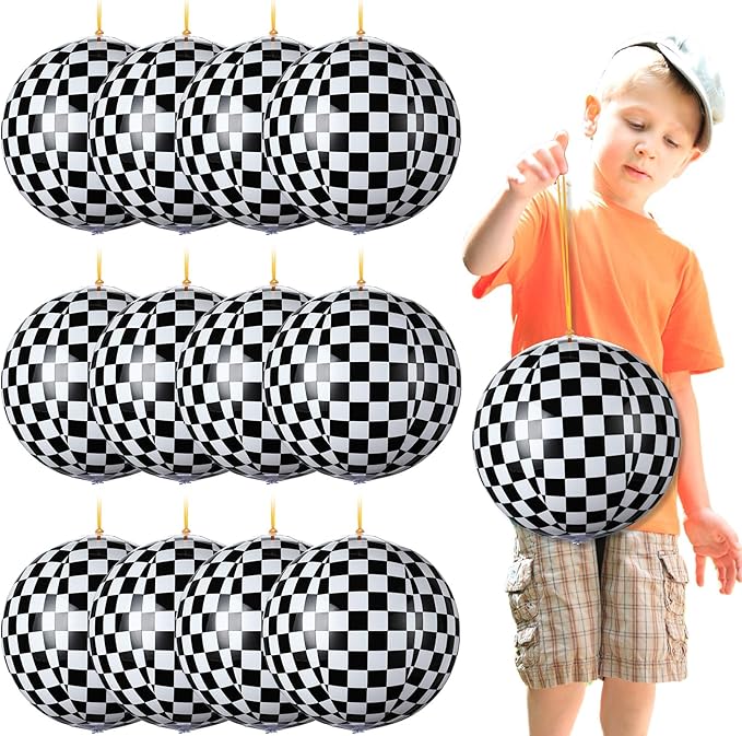 12 Pcs Punching Balloons for Kids PVC Inflatable Punch Bouncy Balloon Heavy Duty Race Car Party Favors Goodie Bags Stuffers Classroom Rewards Carnival Toy Prizes(Black White Checkered)