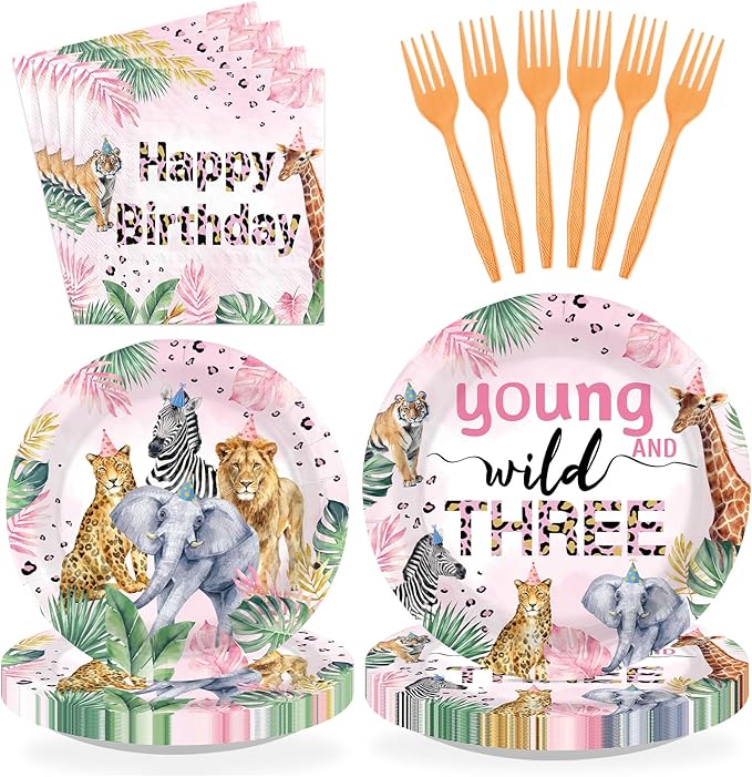 96Pcs Young Wild and Three Party Supplies Safari 3rd Birthday Plates and Napkins Safari Jungle Animal Disposable Paper Tableware Set for Girl 3 Year Old Birthday Party Supplies Serves 24