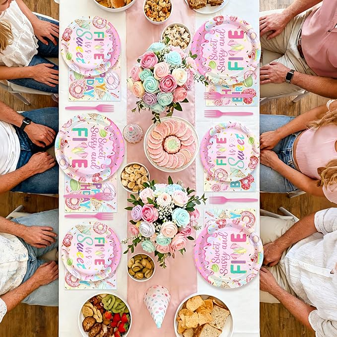 96 Pcs Sweet Sassy and 5 Birthday Decorations Donut 5th Birthday Party Decorations for Girls Colorful Donut Plates and Napkins 5 Years Old Disposable Party Supplies Serves 24