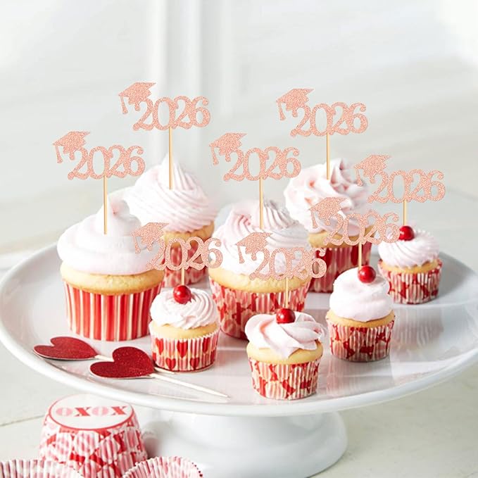 24 Pcs graduation cupcake toppers 2026, Food/Appetizer Picks For Graduation Party Mini Cake Decorations, 2026, Cupcake Toppers(Rose gold)