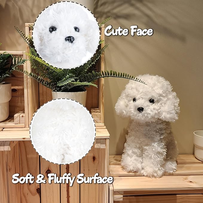 White Toy Poodle Stuffed Animal Dog Puppy - Bichon Frise Maltese Maltipoo White Labradoodle Plush Toy for Kids and Babies 12.6"