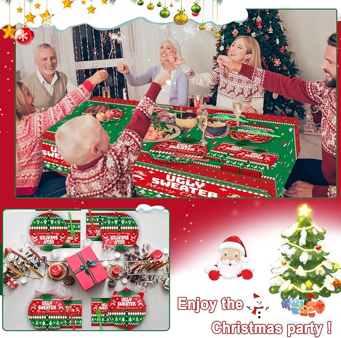 98 Pcs Christmas Ugly Sweater Party Supplies Tacky Sweater Party Plates Tablecloth Xmas Party Decorations for Christmas Holiday Tableware Set Paper Plates Napkins Forks for 24 Guests