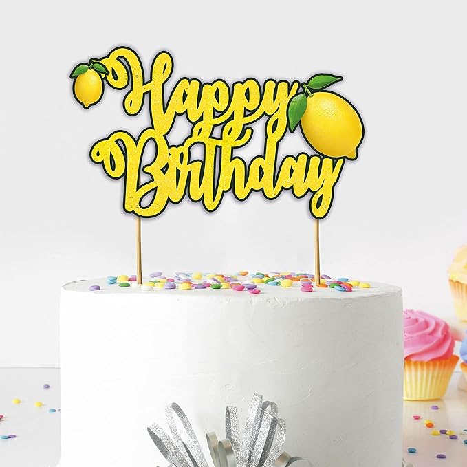 Lemon Happy Birthday Cake Topper – Fresh Fruit Theme Cake Decoration for Birthday Celebration, Lemon Inspired Dessert Topper for Party Cakes, Table Display Styling, Photo Setup.